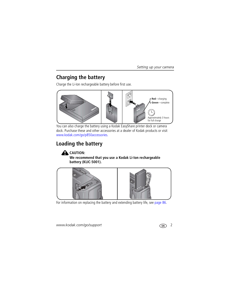 Charging the battery, Loading the battery, Charging the battery loading the battery | Kodak P850 User Manual | Page 9 / 106