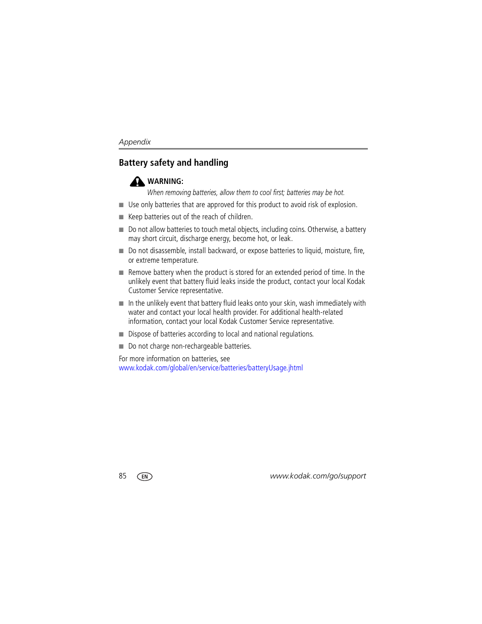 Battery safety and handling | Kodak P850 User Manual | Page 92 / 106
