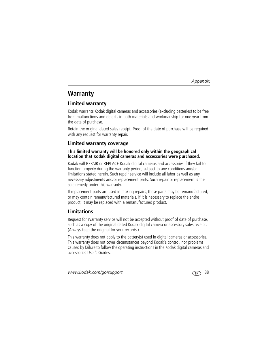 Warranty, Limited warranty, Limited warranty coverage | Limitations | Kodak P850 User Manual | Page 95 / 106