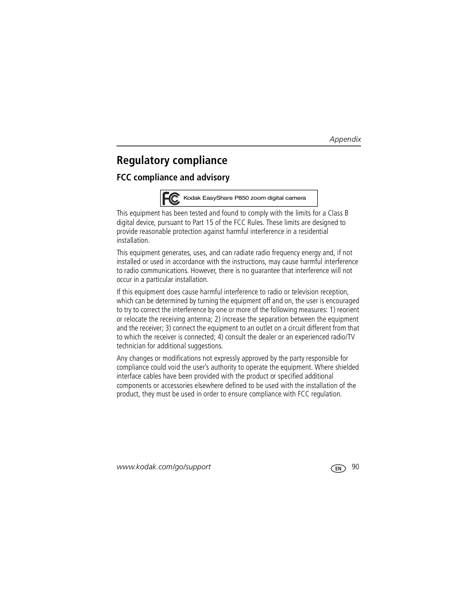 Regulatory compliance, Fcc compliance and advisory | Kodak P850 User Manual | Page 97 / 106