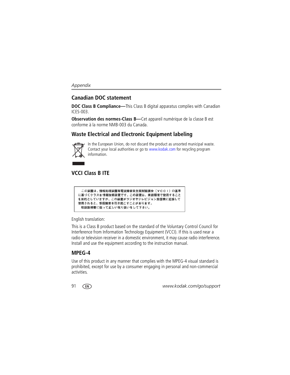 Canadian doc statement, Waste electrical and electronic equipment labeling, Vcci class b ite | Mpeg-4 | Kodak P850 User Manual | Page 98 / 106