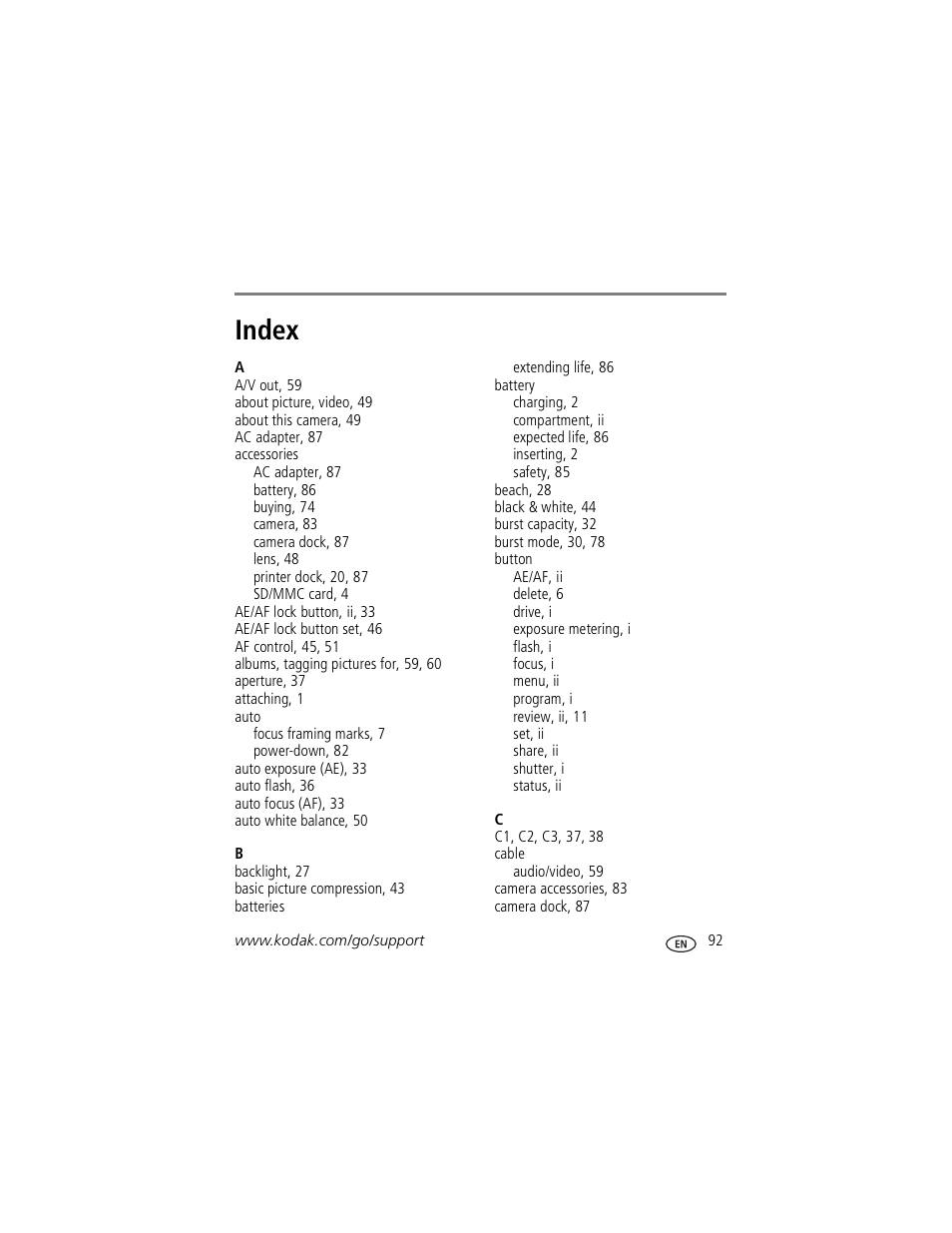 Index | Kodak P850 User Manual | Page 99 / 106