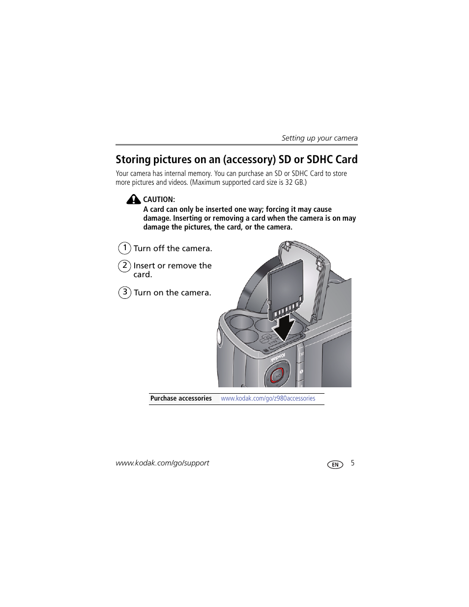 Storing pictures on an (accessory) sd or sdhc card | Kodak Z980 User Manual | Page 11 / 85
