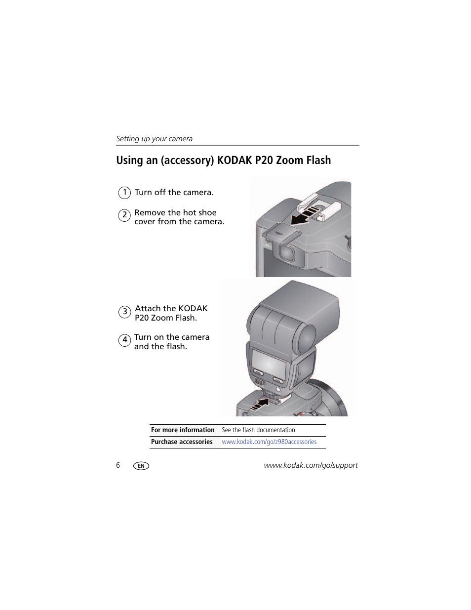 Using an (accessory) kodak p20 zoom flash | Kodak Z980 User Manual | Page 12 / 85