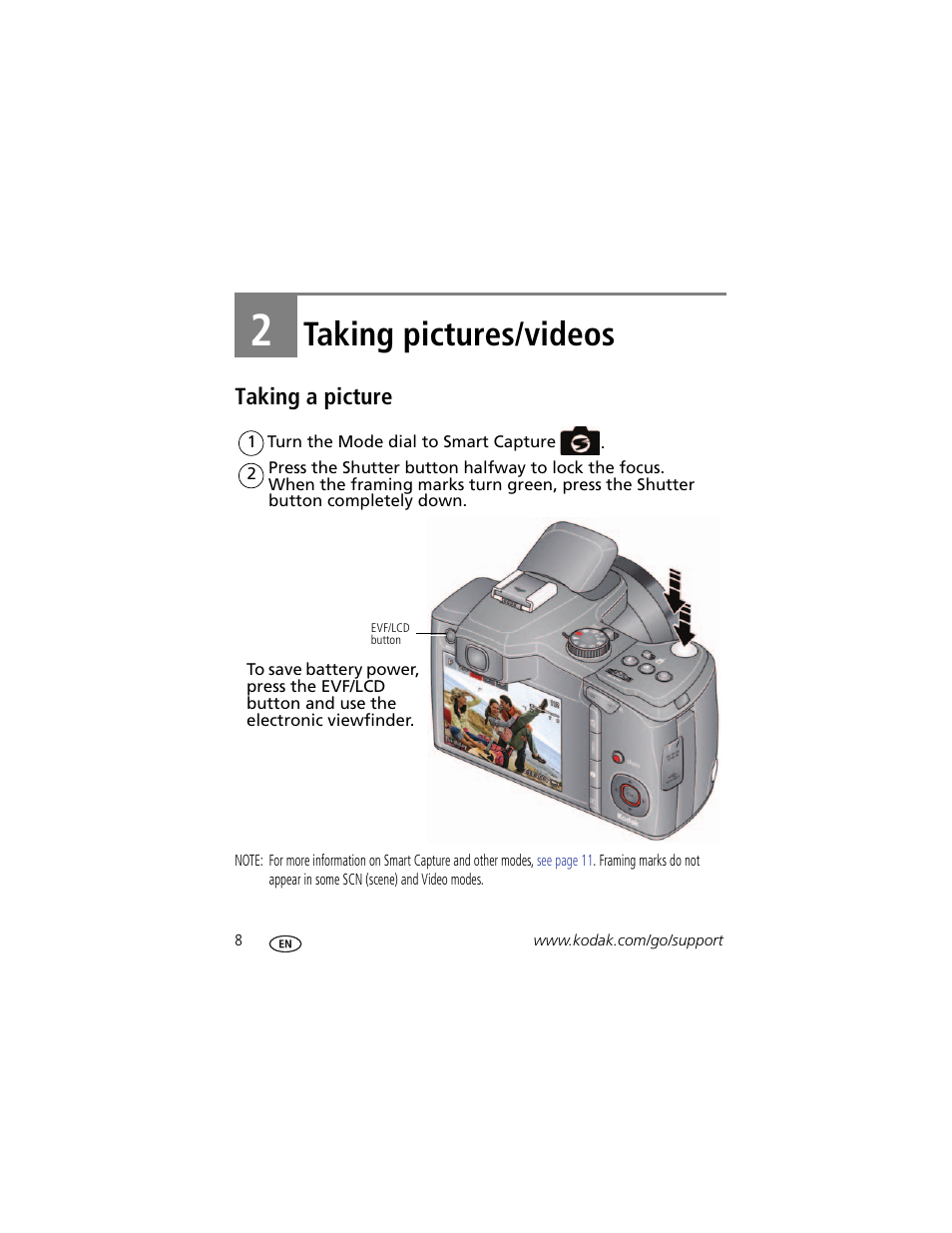 Taking pictures/videos, Taking a picture, 2 taking pictures/videos | Kodak Z980 User Manual | Page 14 / 85