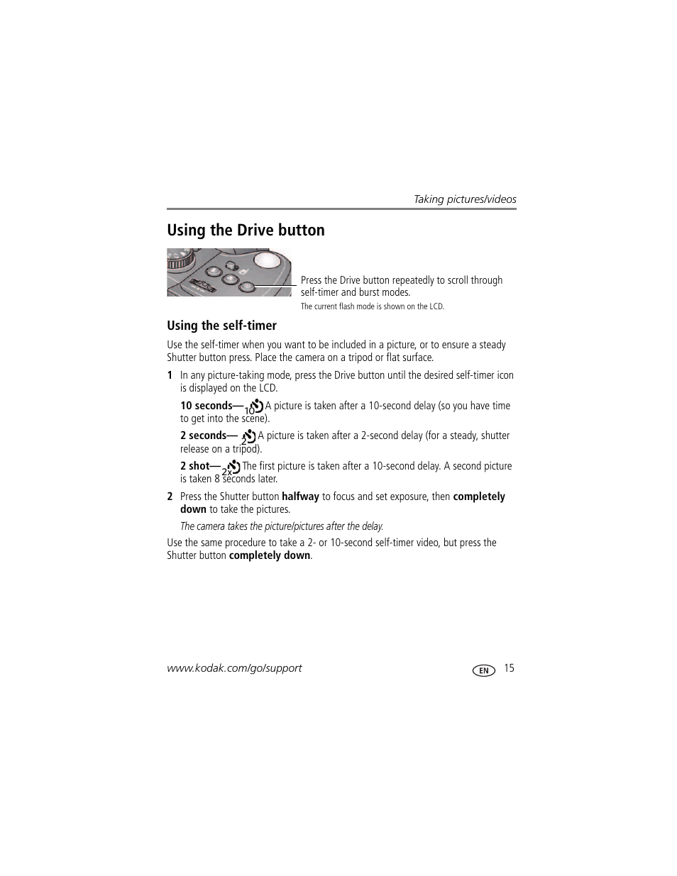 Using the drive button, Using the self-timer | Kodak Z980 User Manual | Page 21 / 85