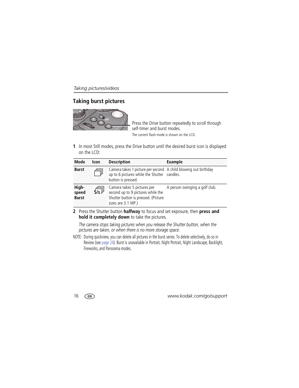 Taking burst pictures | Kodak Z980 User Manual | Page 22 / 85