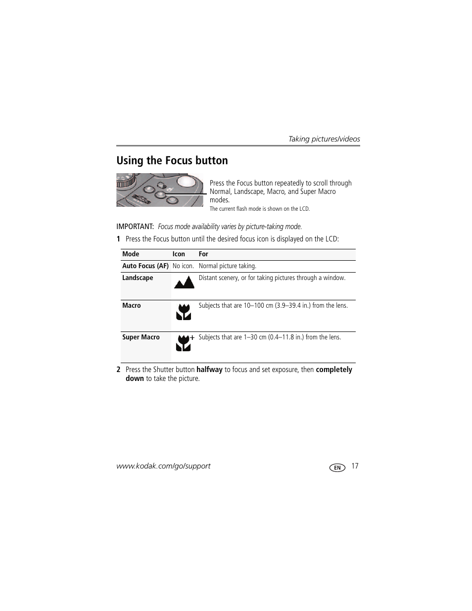 Using the focus button | Kodak Z980 User Manual | Page 23 / 85