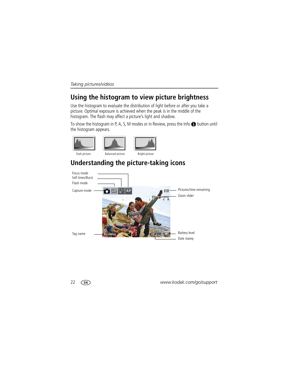 Using the histogram to view picture brightness, Understanding the picture-taking icons | Kodak Z980 User Manual | Page 28 / 85