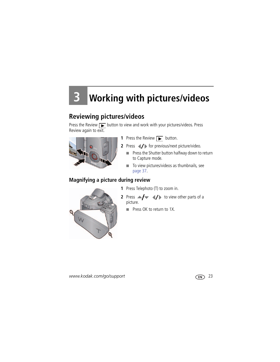 Working with pictures/videos, Reviewing pictures/videos, Magnifying a picture during review | 3 working with pictures/videos | Kodak Z980 User Manual | Page 29 / 85
