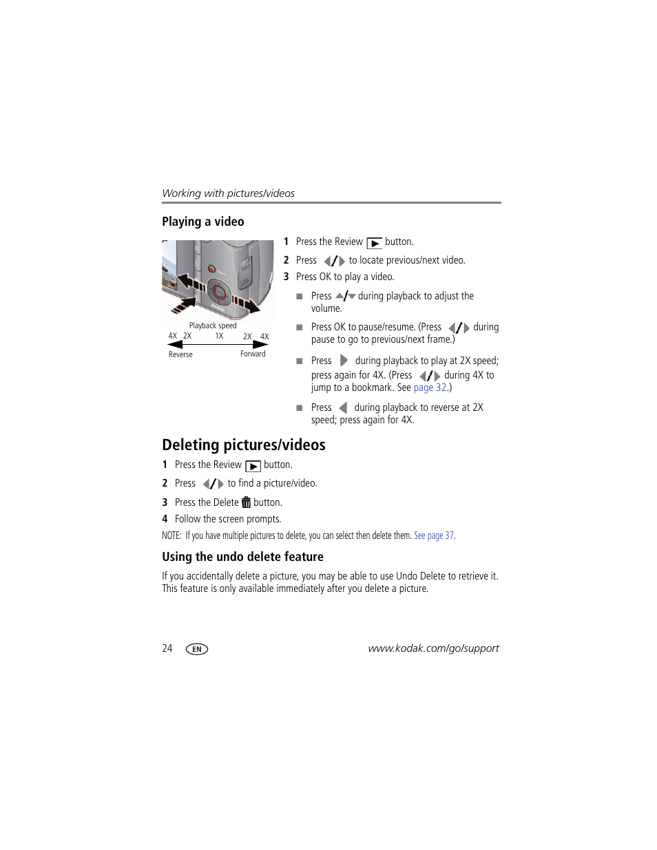 Playing a video, Deleting pictures/videos, Using the undo delete feature | Kodak Z980 User Manual | Page 30 / 85