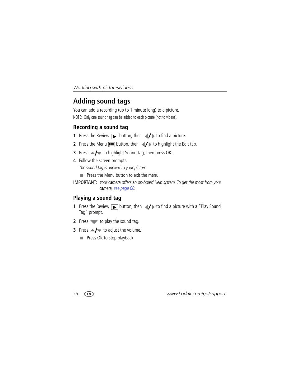 Adding sound tags, Recording a sound tag, Playing a sound tag | Kodak Z980 User Manual | Page 32 / 85