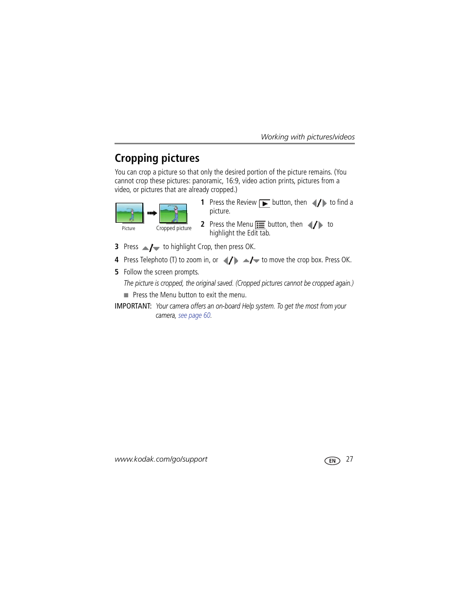 Cropping pictures | Kodak Z980 User Manual | Page 33 / 85