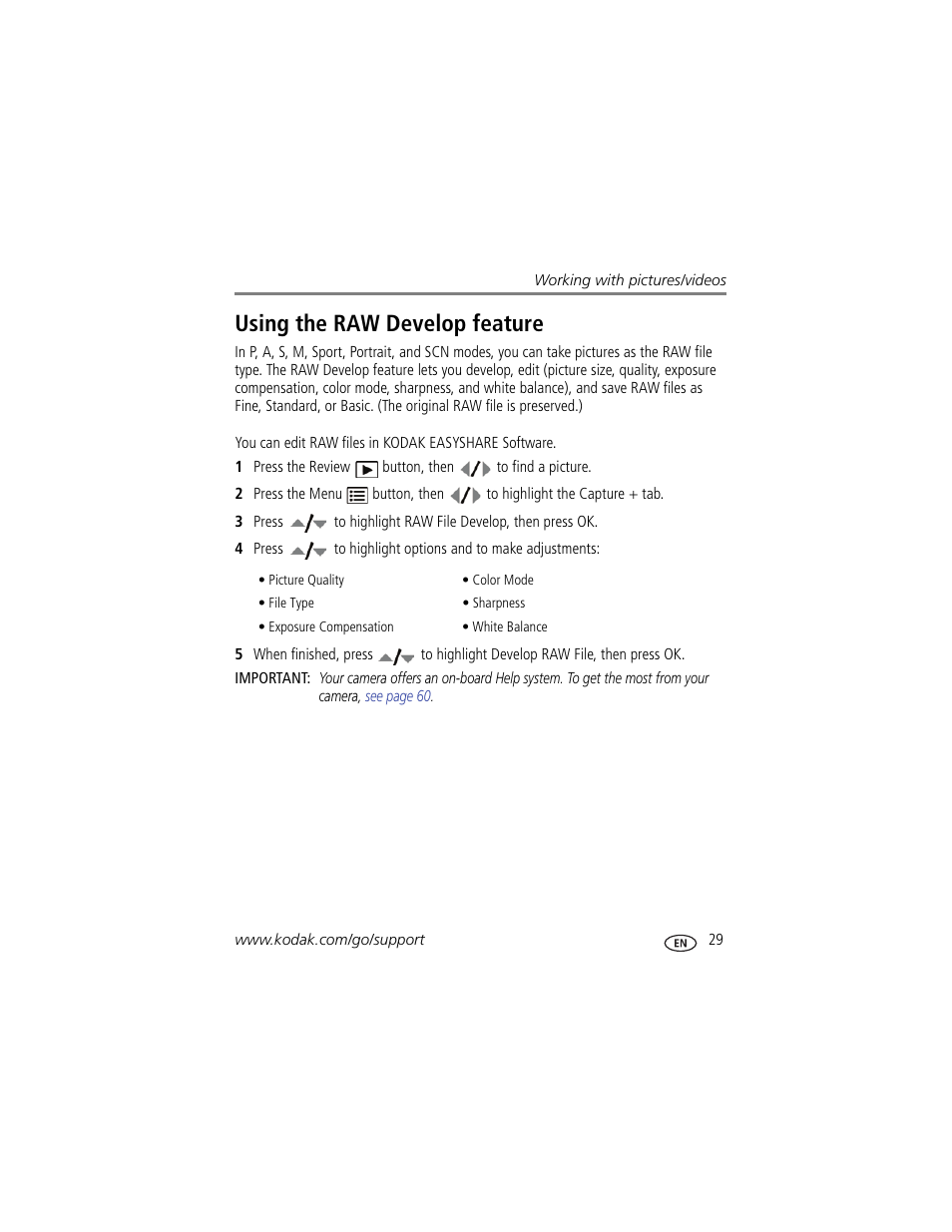 Using the raw develop feature | Kodak Z980 User Manual | Page 35 / 85