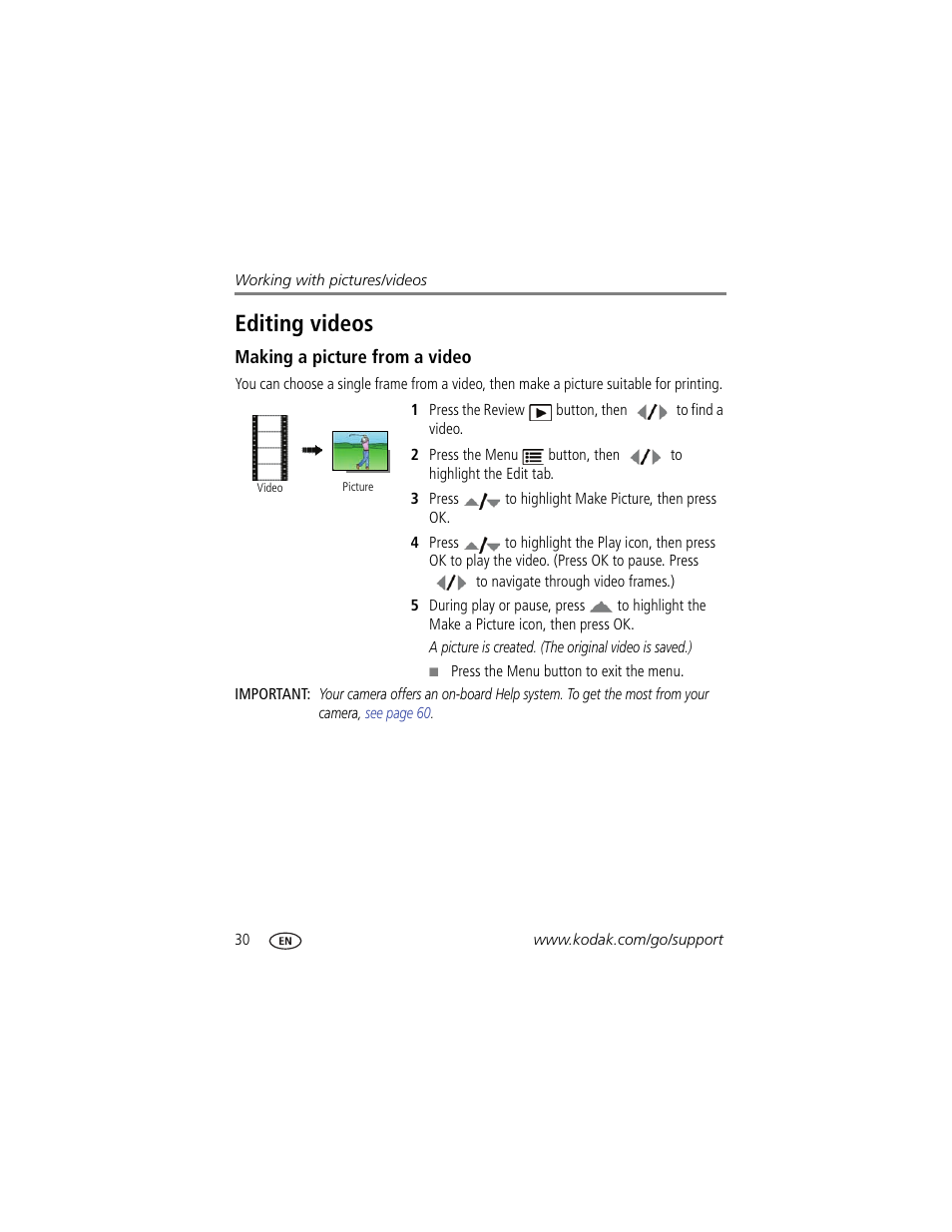 Editing videos, Making a picture from a video | Kodak Z980 User Manual | Page 36 / 85