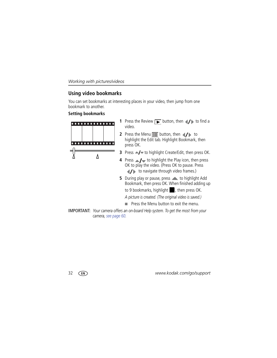 Using video bookmarks, Setting bookmarks | Kodak Z980 User Manual | Page 38 / 85