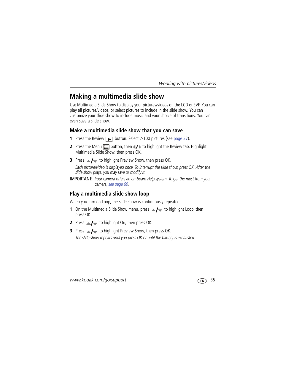Making a multimedia slide show, Make a multimedia slide show that you can save, Play a multimedia slide show loop | Kodak Z980 User Manual | Page 41 / 85