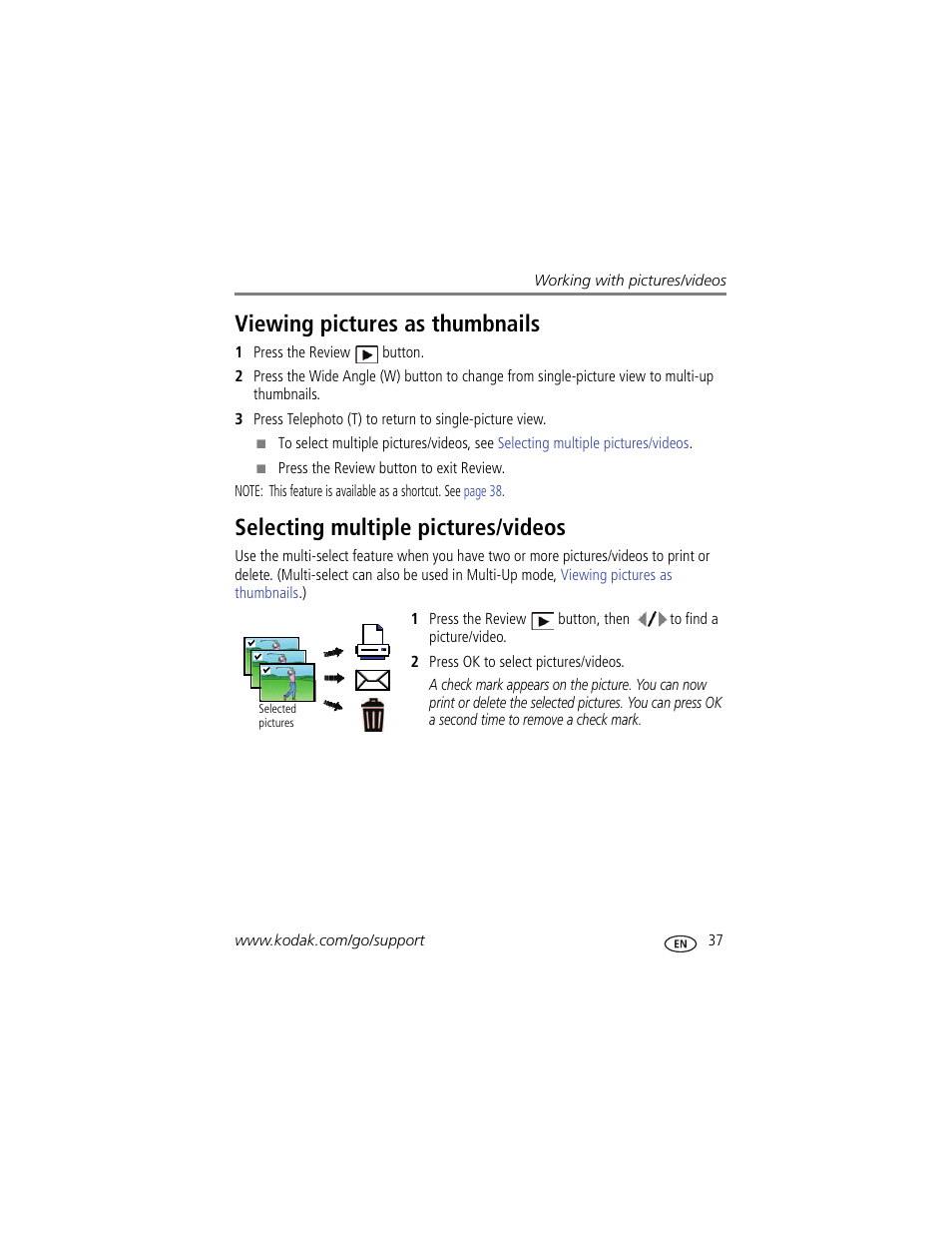 Viewing pictures as thumbnails, Selecting multiple pictures/videos | Kodak Z980 User Manual | Page 43 / 85