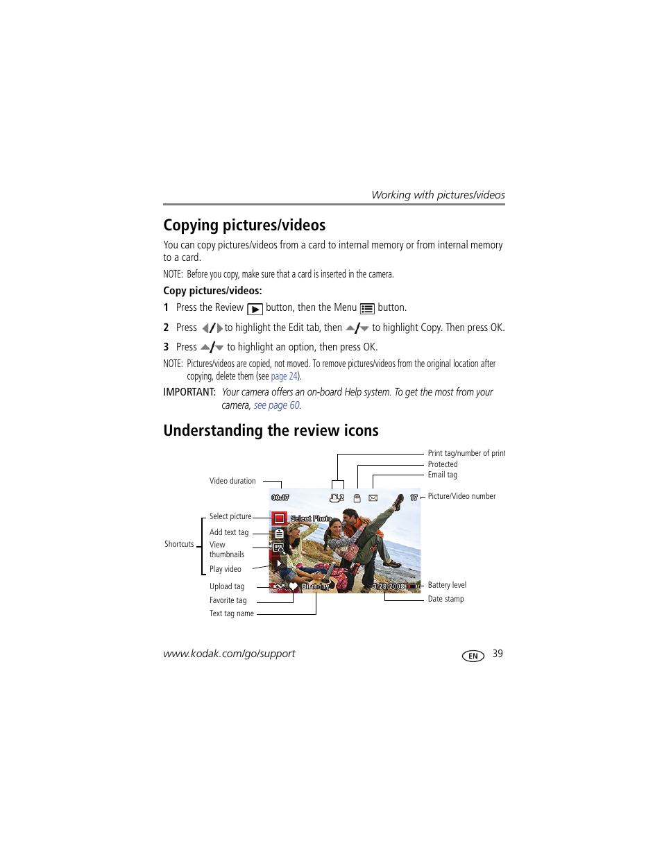 Copying pictures/videos, Understanding the review icons | Kodak Z980 User Manual | Page 45 / 85