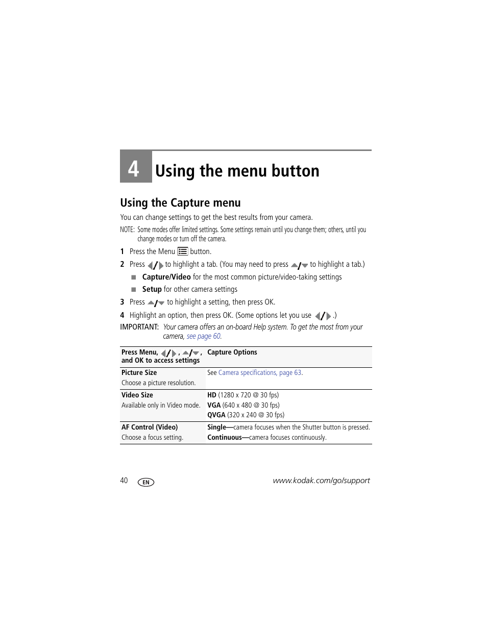 Using the menu button, Using the capture menu, 4 using the menu button | Kodak Z980 User Manual | Page 46 / 85