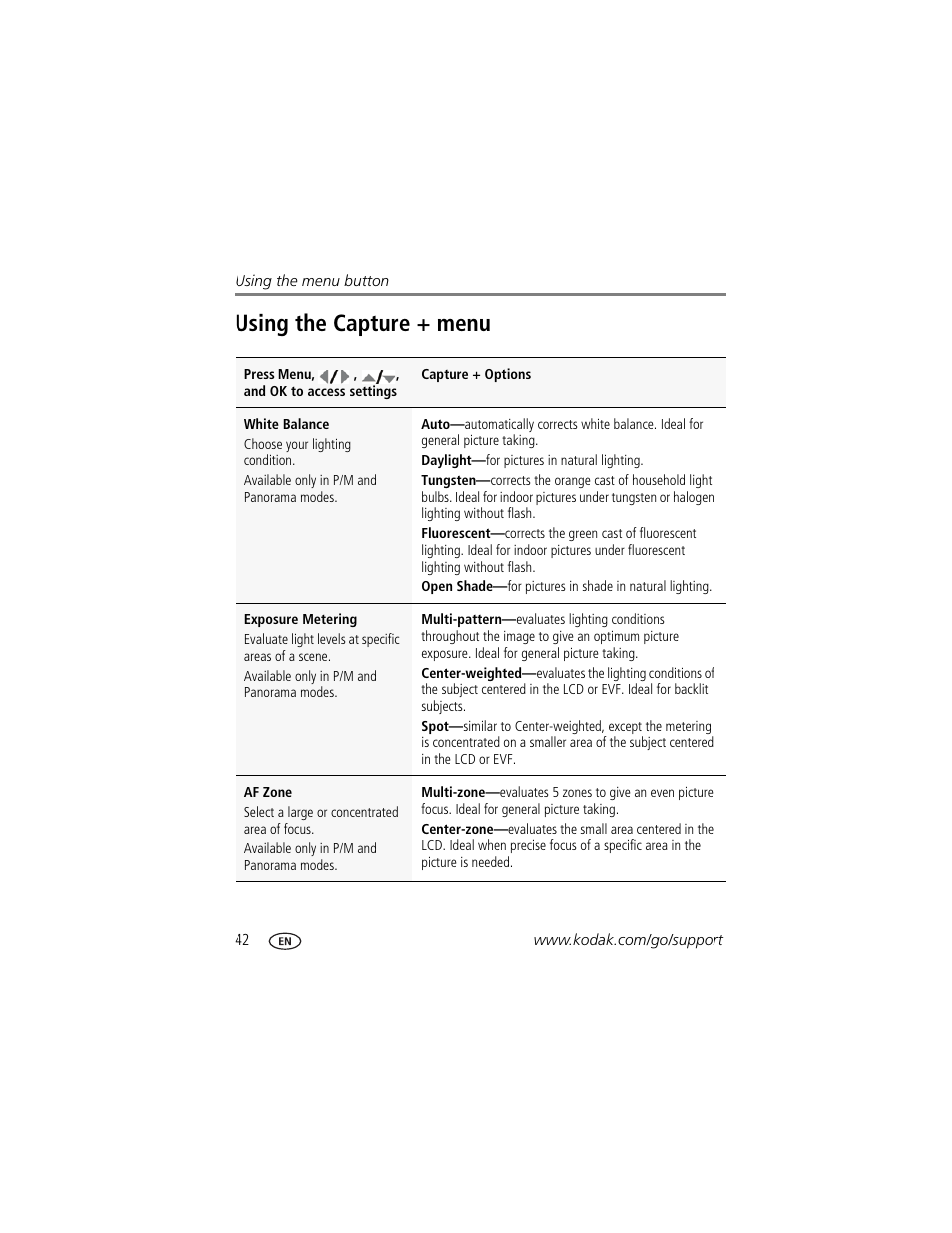 Using the capture + menu | Kodak Z980 User Manual | Page 48 / 85