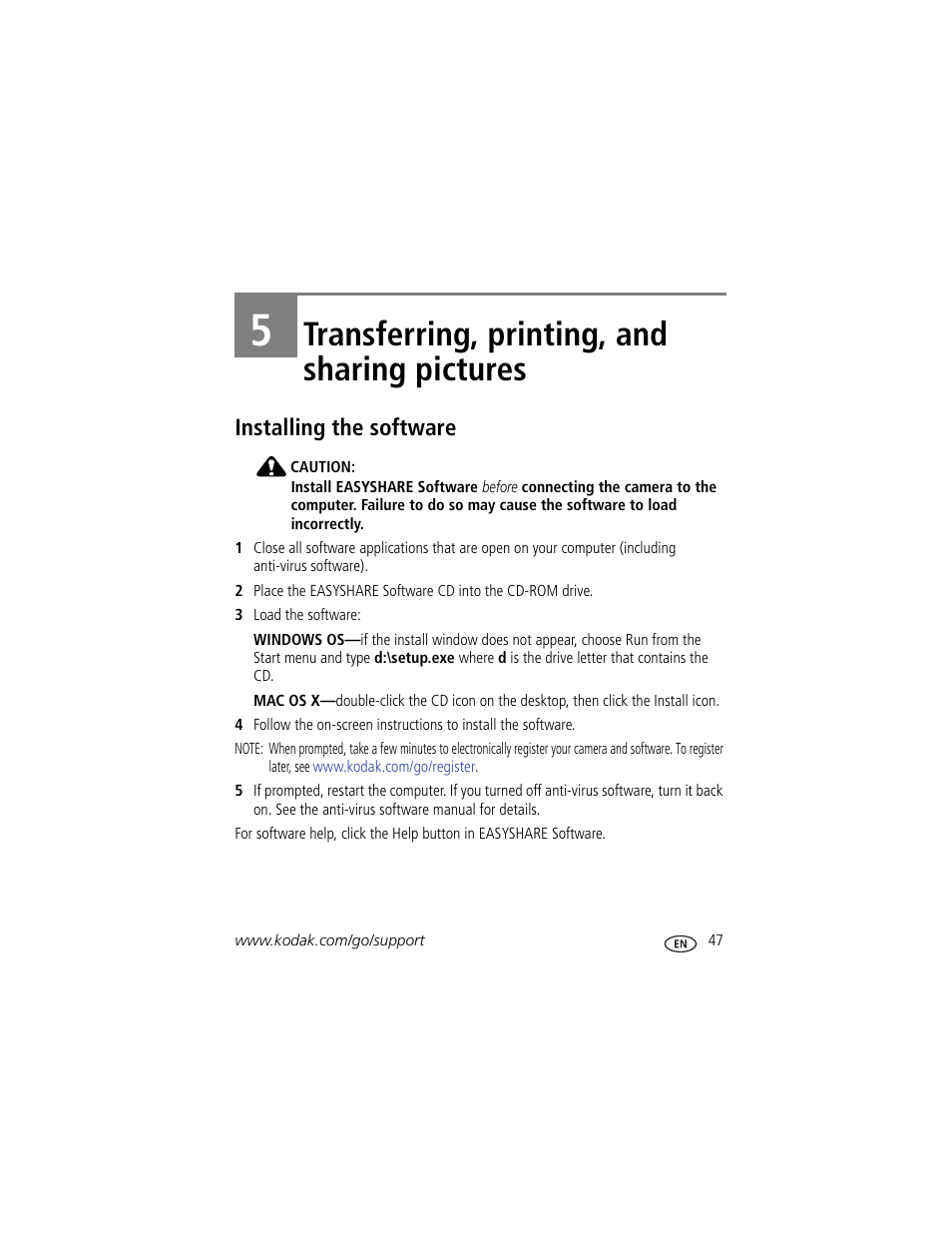 Transferring, printing, and sharing pictures, Installing the software, 5 transferring, printing, and sharing pictures | Kodak Z980 User Manual | Page 53 / 85