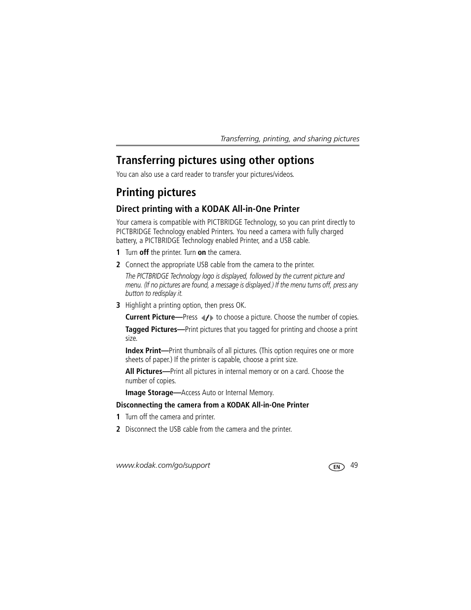 Transferring pictures using other options, Printing pictures, Direct printing with a kodak all-in-one printer | Kodak Z980 User Manual | Page 55 / 85