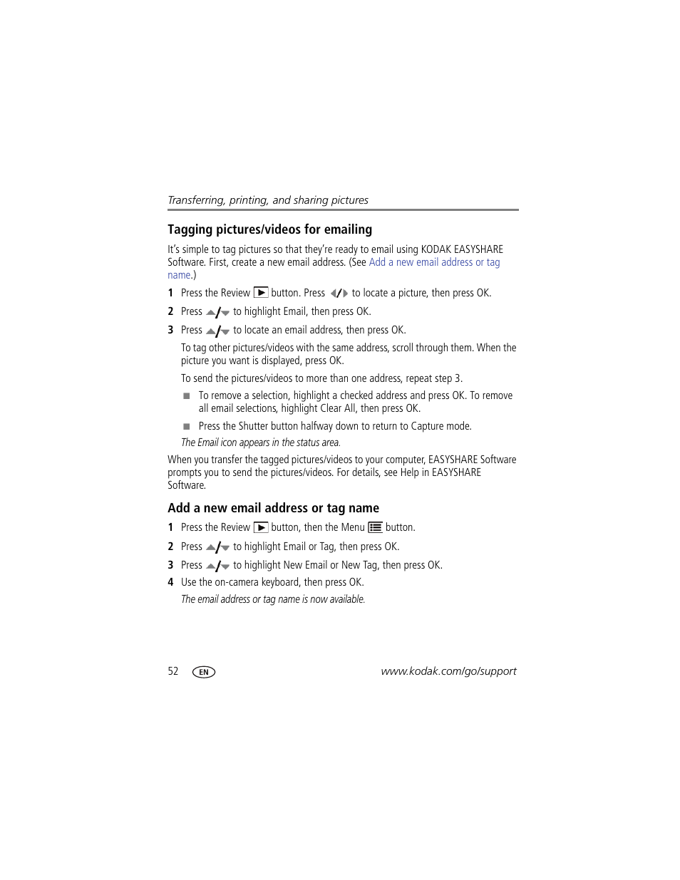 Tagging pictures/videos for emailing, Add a new email address or tag name | Kodak Z980 User Manual | Page 58 / 85