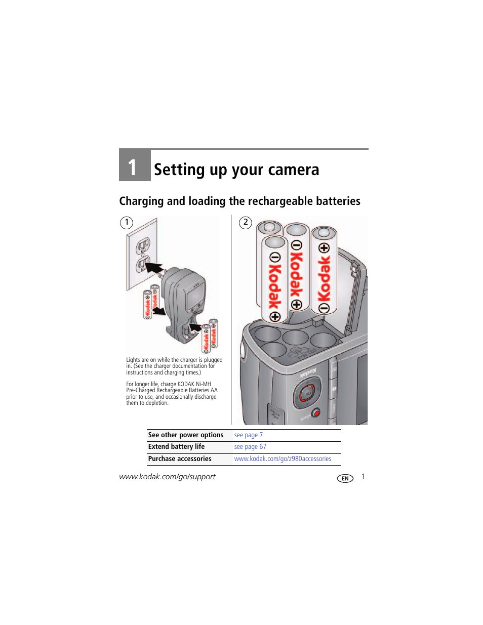 Setting up your camera, Charging and loading the rechargeable batteries, 1 setting up your camera | Kodak Z980 User Manual | Page 7 / 85