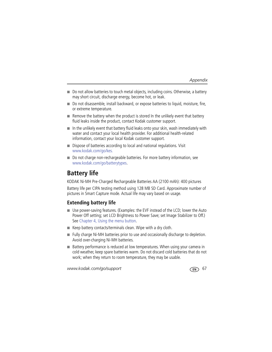 Battery life, Extending battery life | Kodak Z980 User Manual | Page 73 / 85