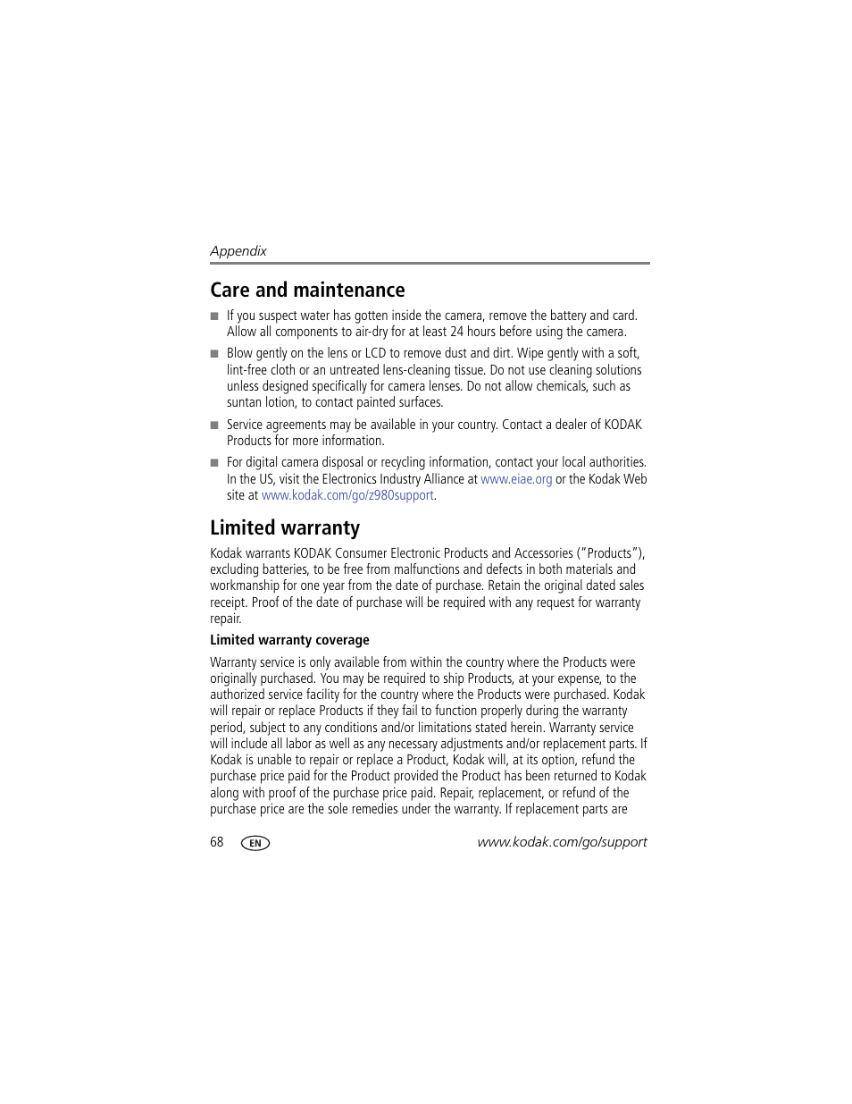 Care and maintenance, Limited warranty, Care and maintenance limited warranty | E lens | Kodak Z980 User Manual | Page 74 / 85