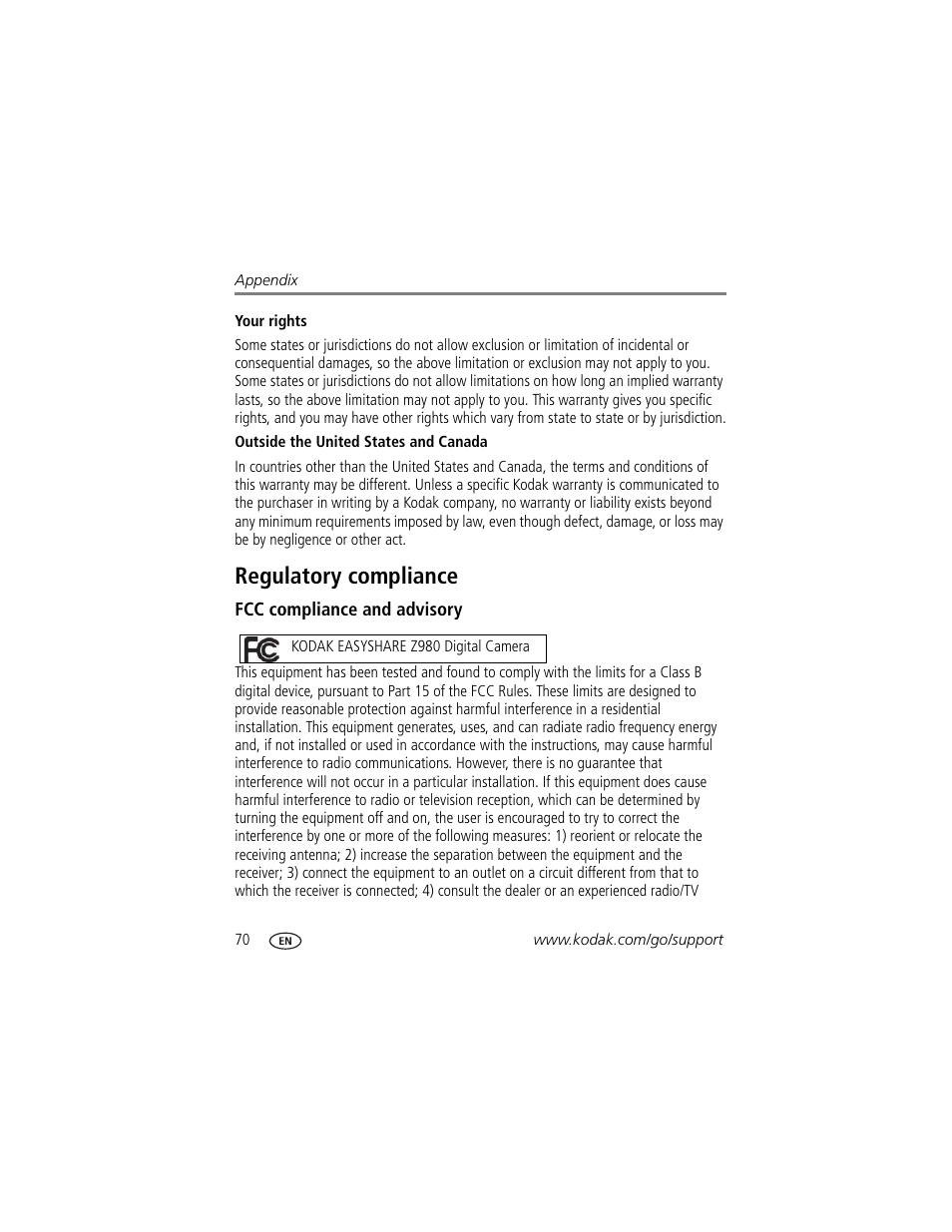 Regulatory compliance, Fcc compliance and advisory | Kodak Z980 User Manual | Page 76 / 85