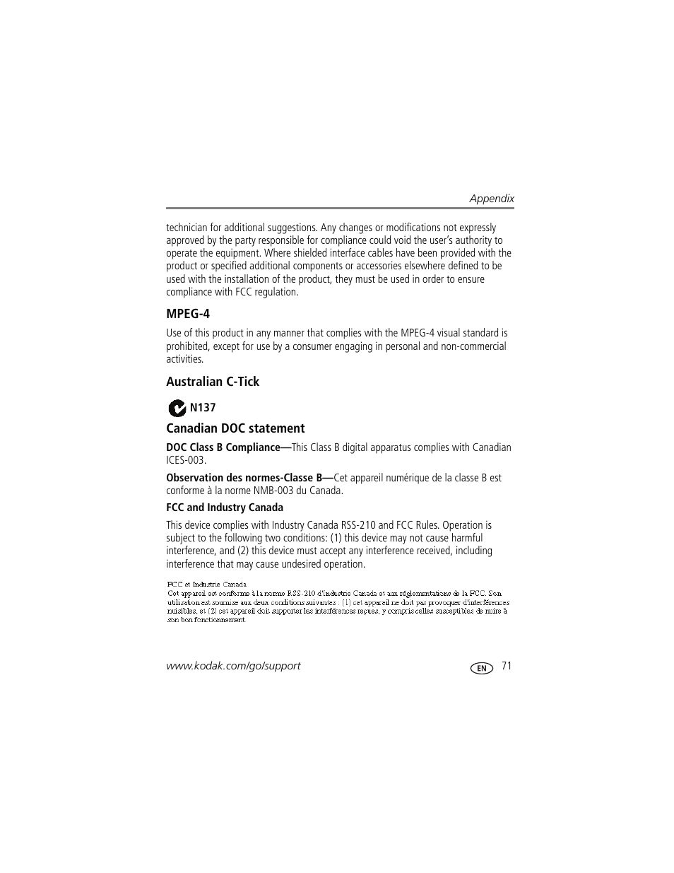 Mpeg-4, Australian c-tick, Canadian doc statement | Fcc and industry canada | Kodak Z980 User Manual | Page 77 / 85