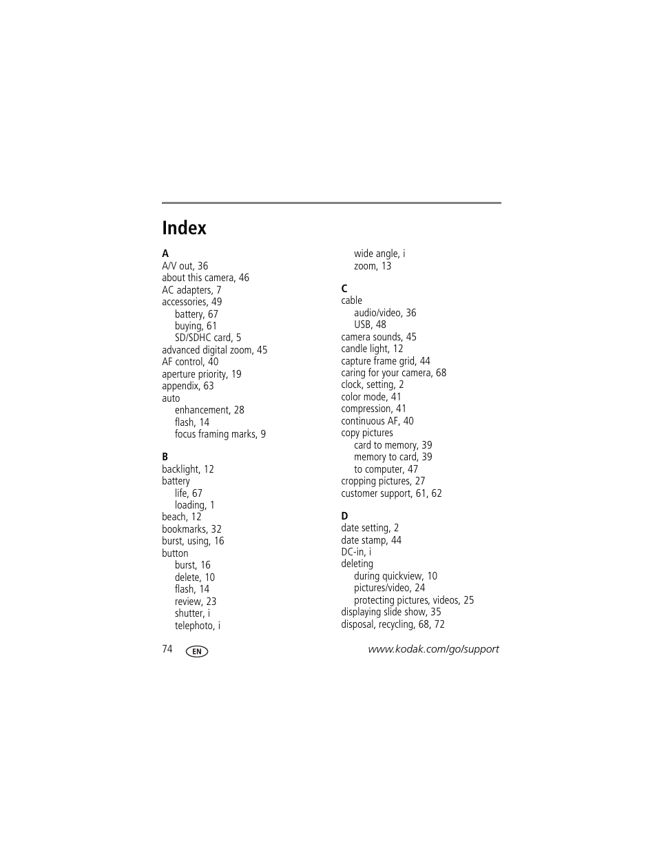 Index | Kodak Z980 User Manual | Page 80 / 85