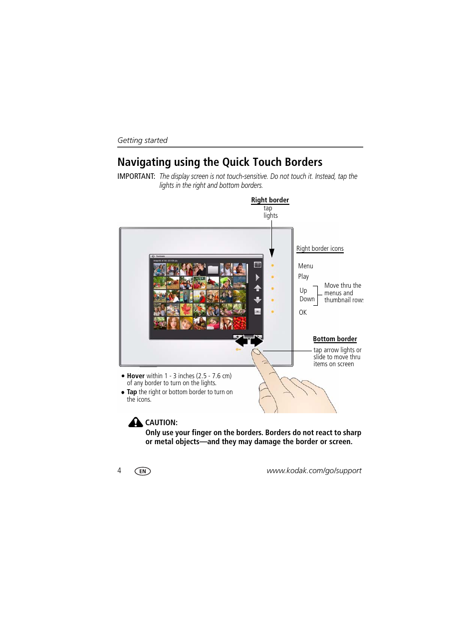 Navigating using the quick touch borders | Kodak D1030 User Manual | Page 10 / 57
