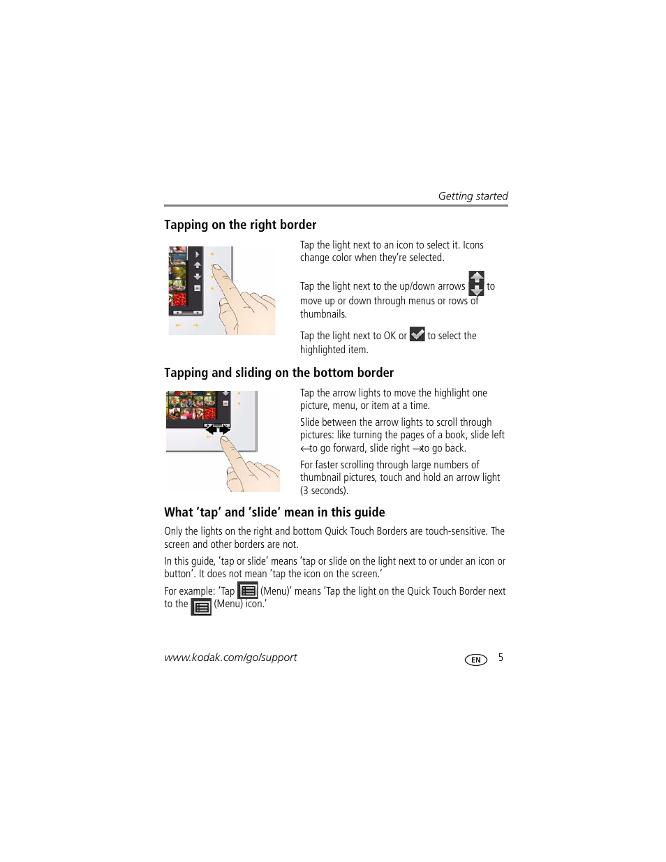 Tapping on the right border, Tapping and sliding on the bottom border, What ’tap’ and ’slide’ mean in this guide | Kodak D1030 User Manual | Page 11 / 57