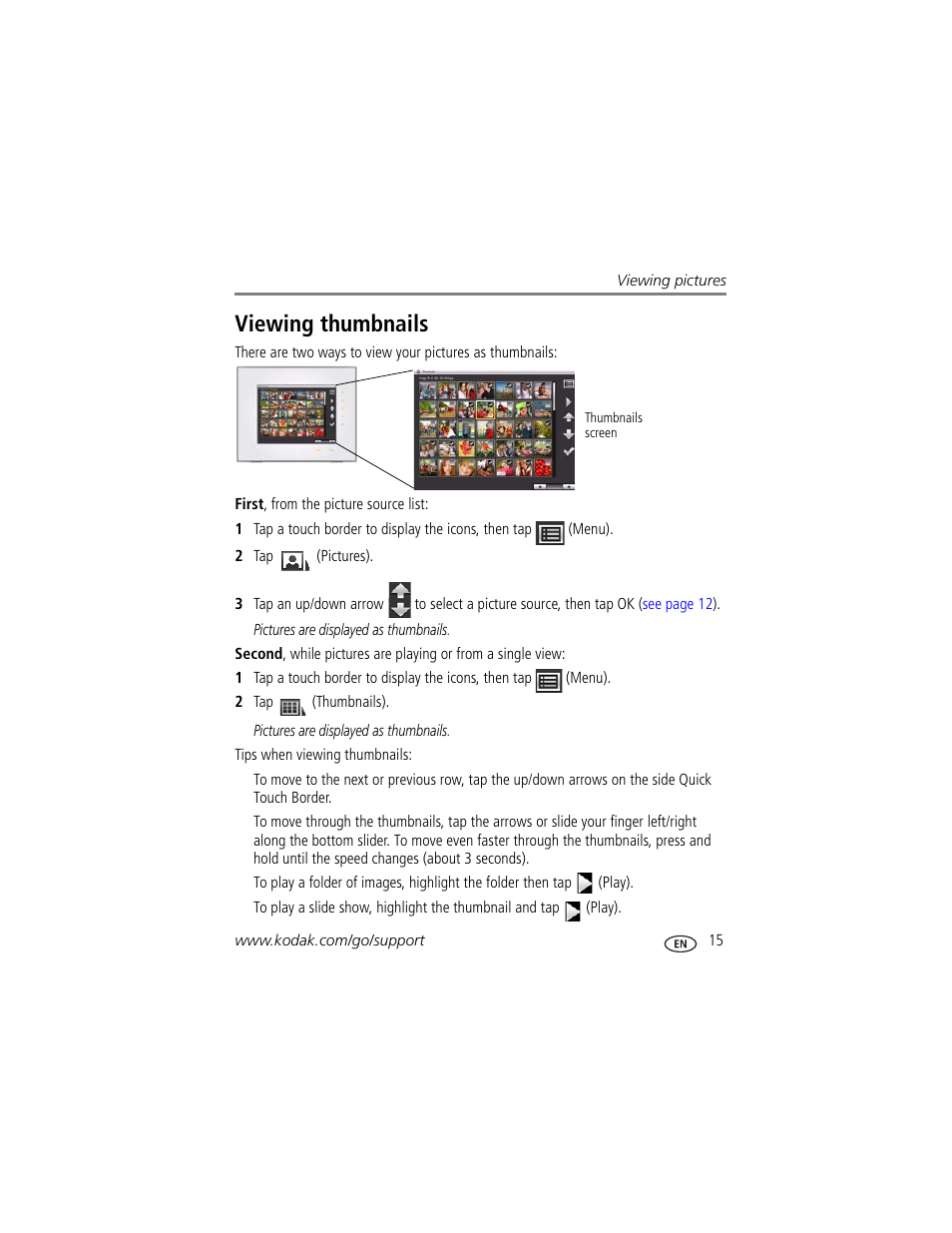 Viewing thumbnails | Kodak D1030 User Manual | Page 21 / 57
