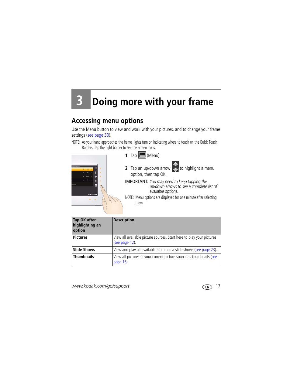 Doing more with your frame, Accessing menu options, 3 doing more with your frame | Kodak D1030 User Manual | Page 23 / 57