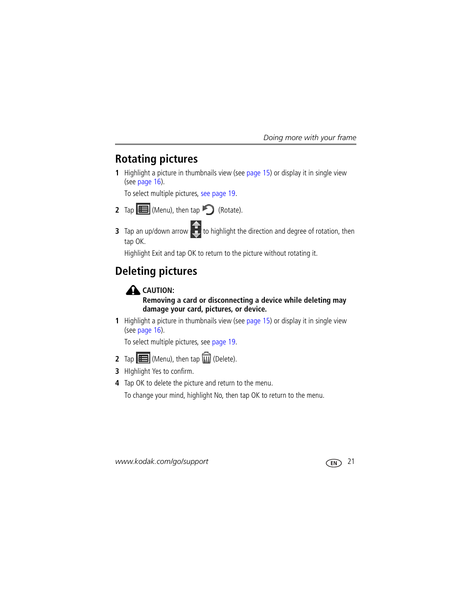 Rotating pictures, Deleting pictures, Rotating pictures deleting pictures | Kodak D1030 User Manual | Page 27 / 57