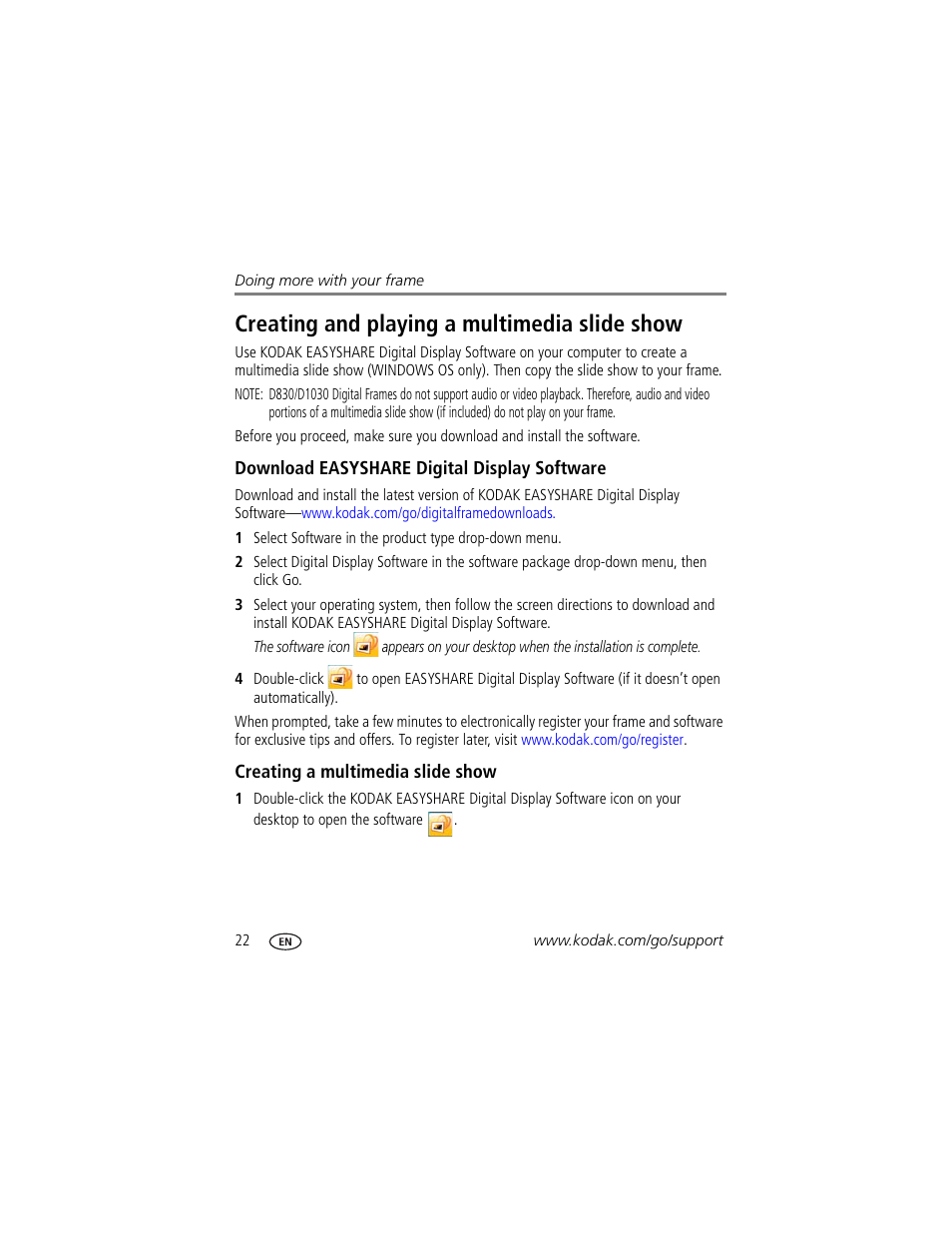 Creating and playing a multimedia slide show, Download easyshare digital display software, Creating a multimedia slide show | Kodak D1030 User Manual | Page 28 / 57