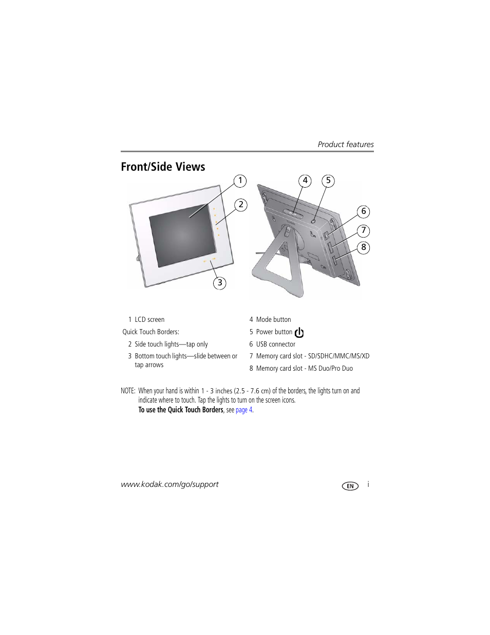 Product features, Front/side views | Kodak D1030 User Manual | Page 3 / 57