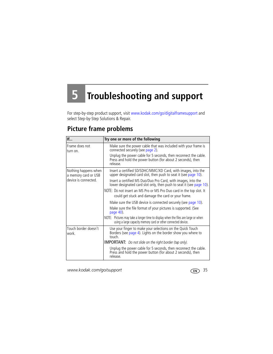Troubleshooting and support, Picture frame problems, 5 troubleshooting and support | Kodak D1030 User Manual | Page 41 / 57