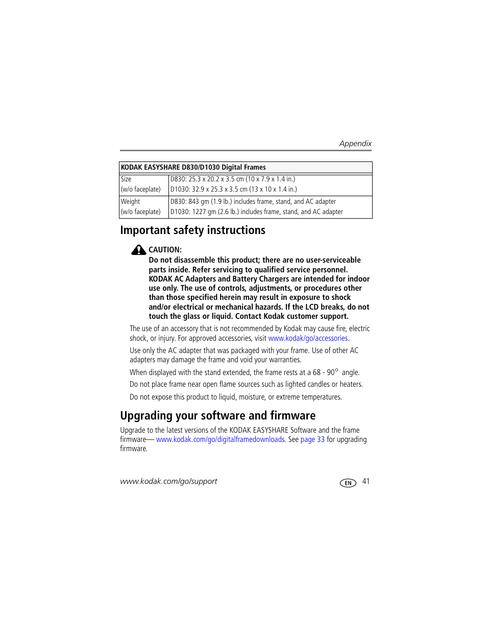 Important safety instructions, Upgrading your software and firmware | Kodak D1030 User Manual | Page 47 / 57