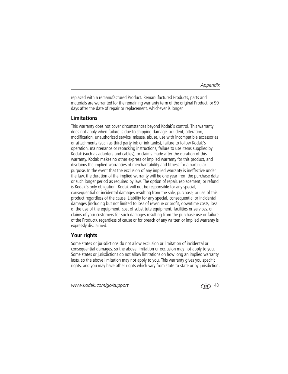 Limitations, Your rights | Kodak D1030 User Manual | Page 49 / 57