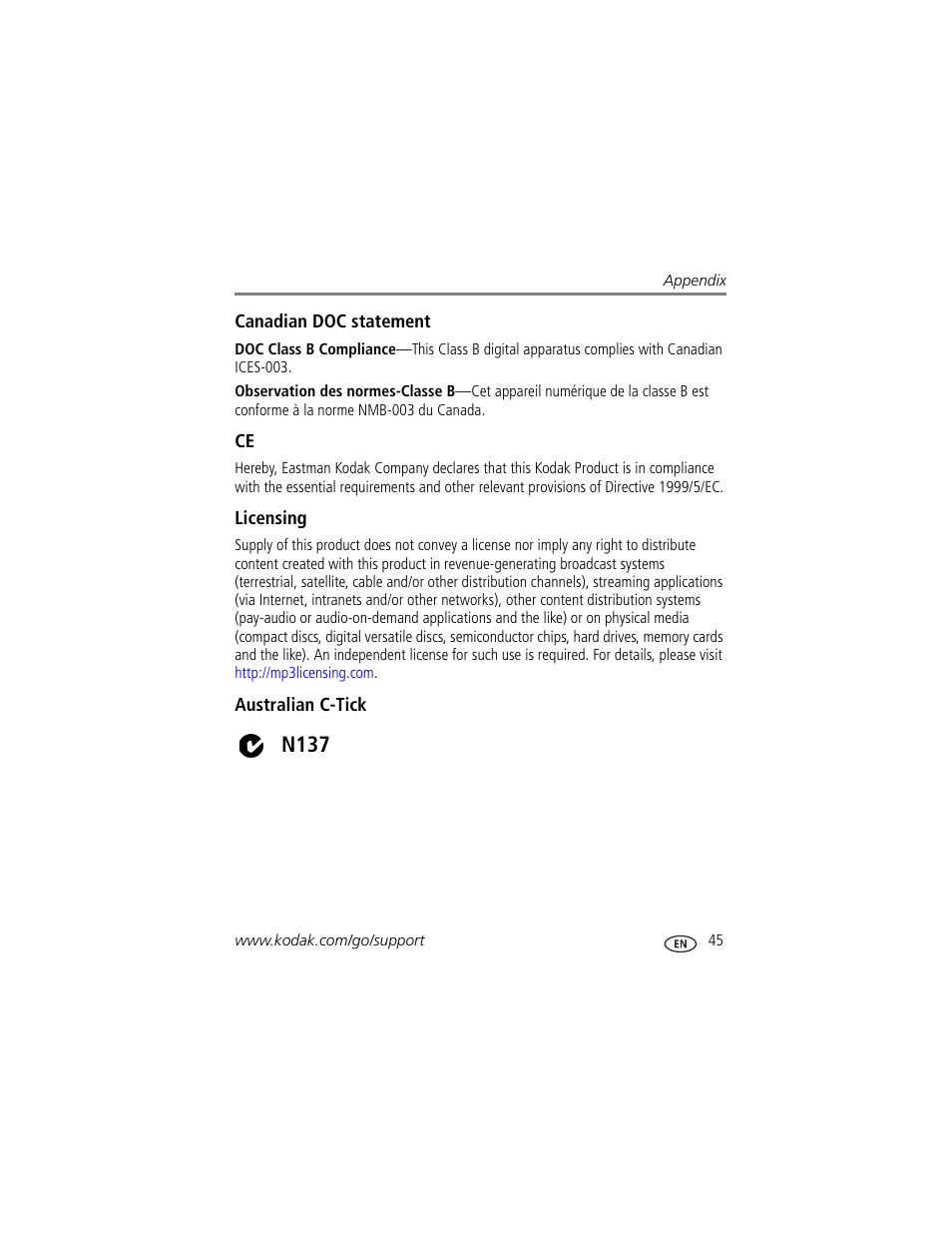 Canadian doc statement, Licensing, Australian c-tick | N137 | Kodak D1030 User Manual | Page 51 / 57