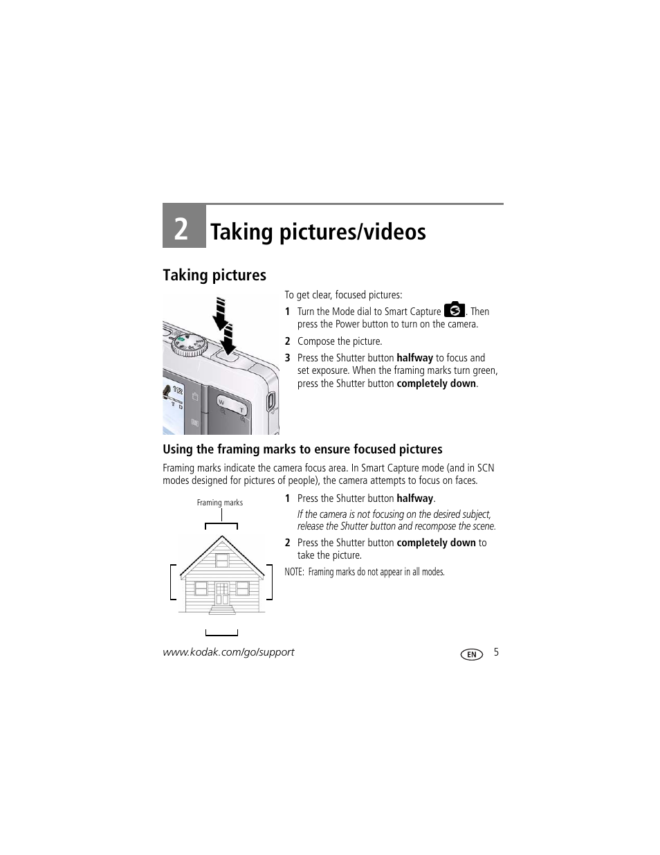 Taking pictures/videos, Taking pictures, Using the framing marks to ensure focused pictures | 2 taking pictures/videos | Kodak M341 User Manual | Page 11 / 67