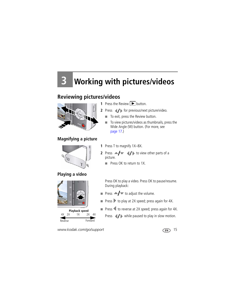 Working with pictures/videos, Reviewing pictures/videos, Magnifying a picture | Playing a video, 3 working with pictures/videos | Kodak M341 User Manual | Page 21 / 67