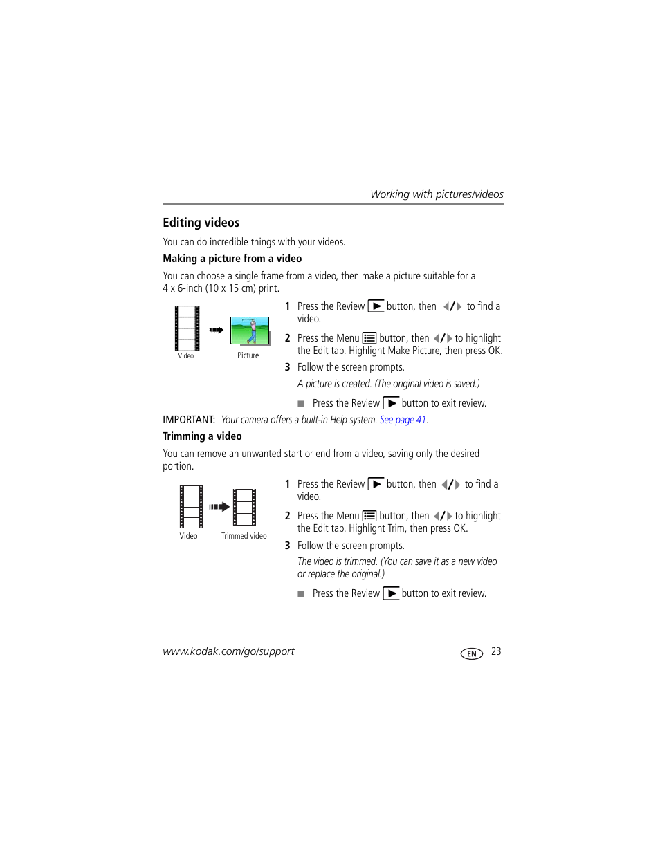 Editing videos, Making a picture from a video, Trimming a video | Kodak M341 User Manual | Page 29 / 67