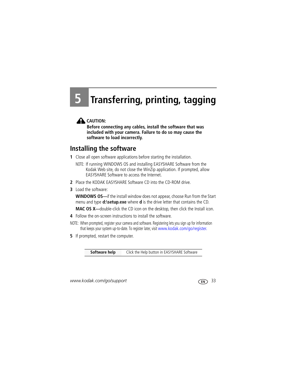 Transferring, printing, tagging, Installing the software, 5 transferring, printing, tagging | Kodak M341 User Manual | Page 39 / 67