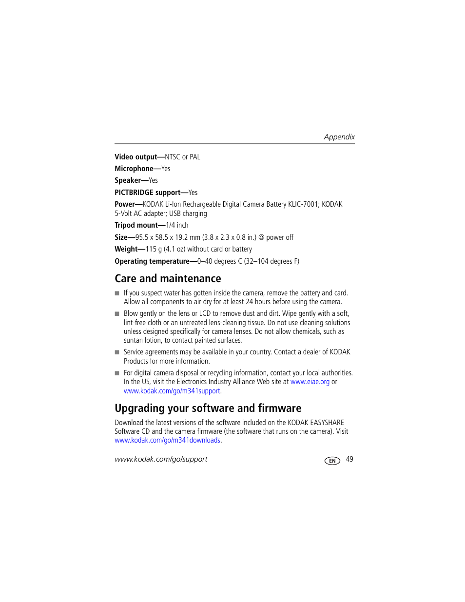 Care and maintenance, Upgrading your software and firmware, The lens | Kodak M341 User Manual | Page 55 / 67